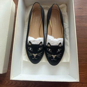 Charlotte Olympia Bejeweled Velvet Kitty Flats Black and Gold Black Size 38 EU/8